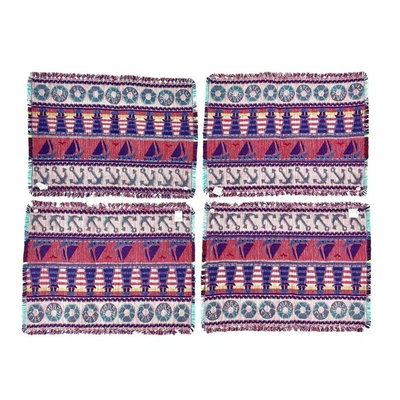 Set Of 4 Nautical Woven Placemats Sailboats Lighthouses Beach Cottage Blue Red - Picture 4 of 7